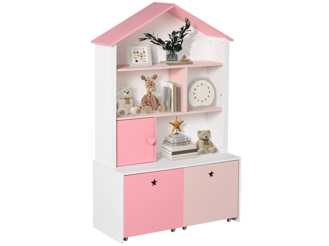 Estante Infantil Madeira 4 Nichos Porta 2 Gavetas Rodízios 80x34x130 Rosa Branco