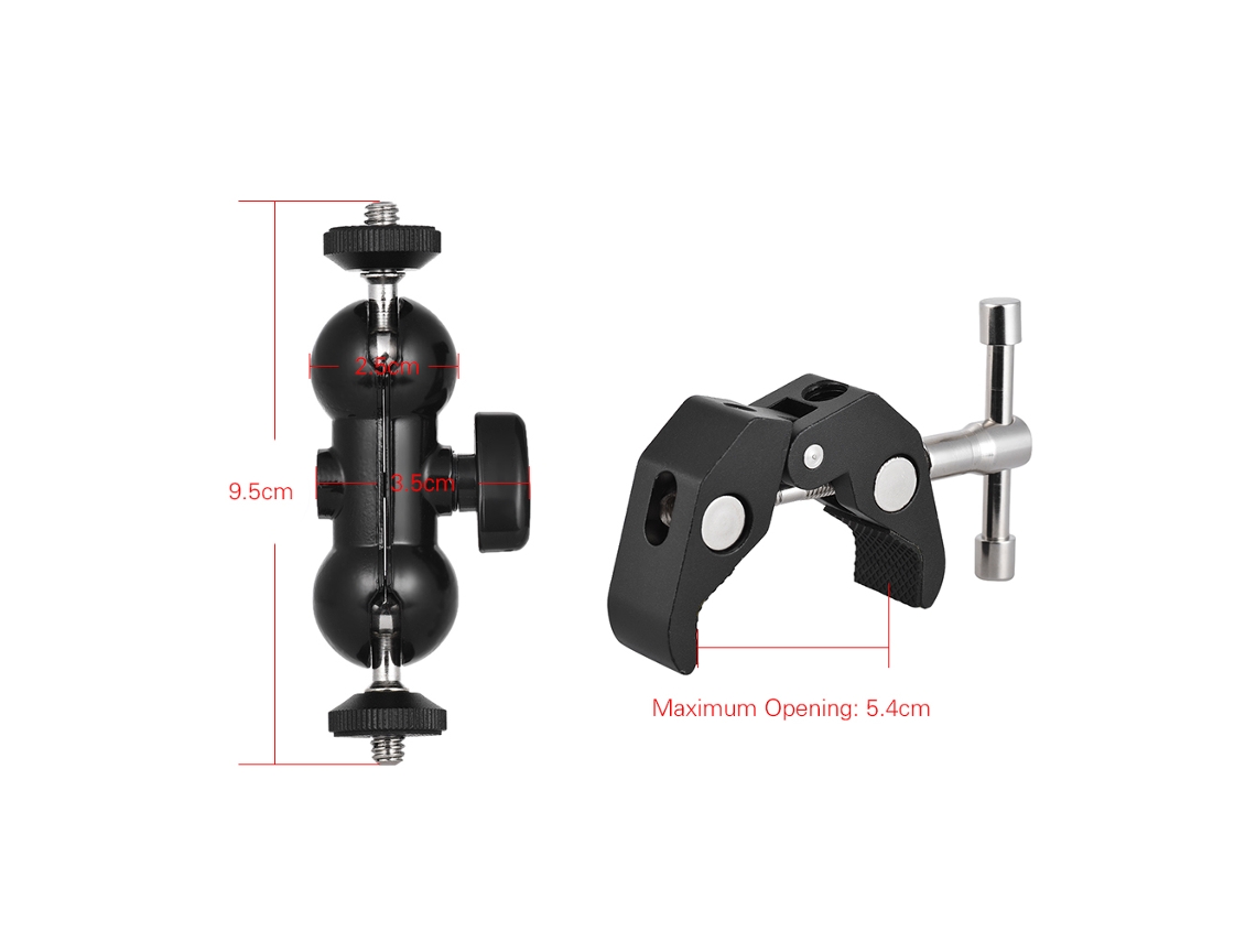 Brazo doble de rótula ajustable con abrazadera para cámara, teléfono, luz LED y bicicleta.