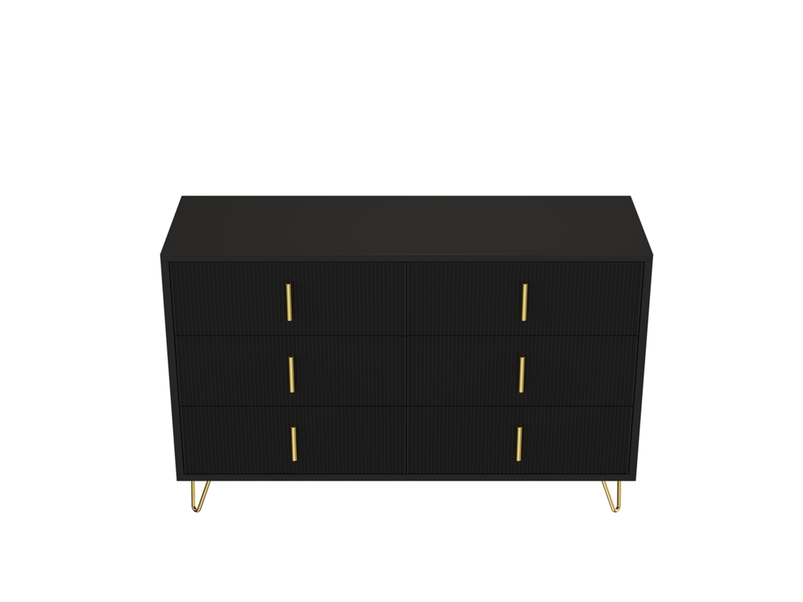 Aparador 120x40x77 cm con 6 cajones, tiradores dorados, Mobrio negro