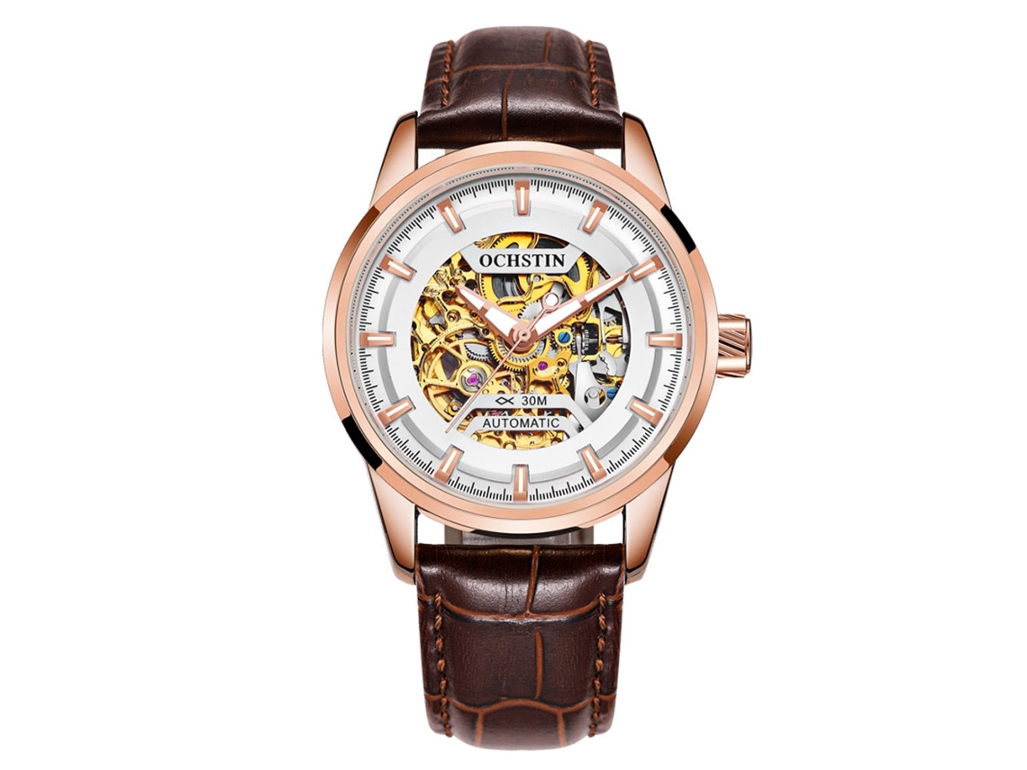 Reloj Mecánico Automático Para Hombre Ochstin Con Correa De Cuero Auténtico, Acabado Calado Completo, Acabado En Plata Y Oro Rosa.