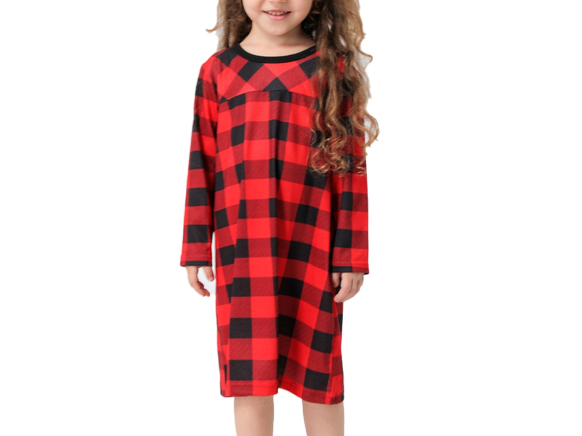 Pijamas Navideños Para Familia Con Estampado De Cuadros Manga Larga Suelta Sin Pelusas Set Coordinado Niño Niña Mascota Rojo 3-4a