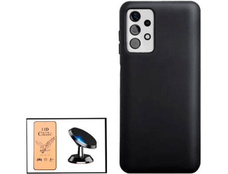 Kit Cristal Templado CeramicGlass Full Cover, Funda Silicona y Soporte Magnético de Coche Samsung Galaxy A52 5G PHONECARE Negro
