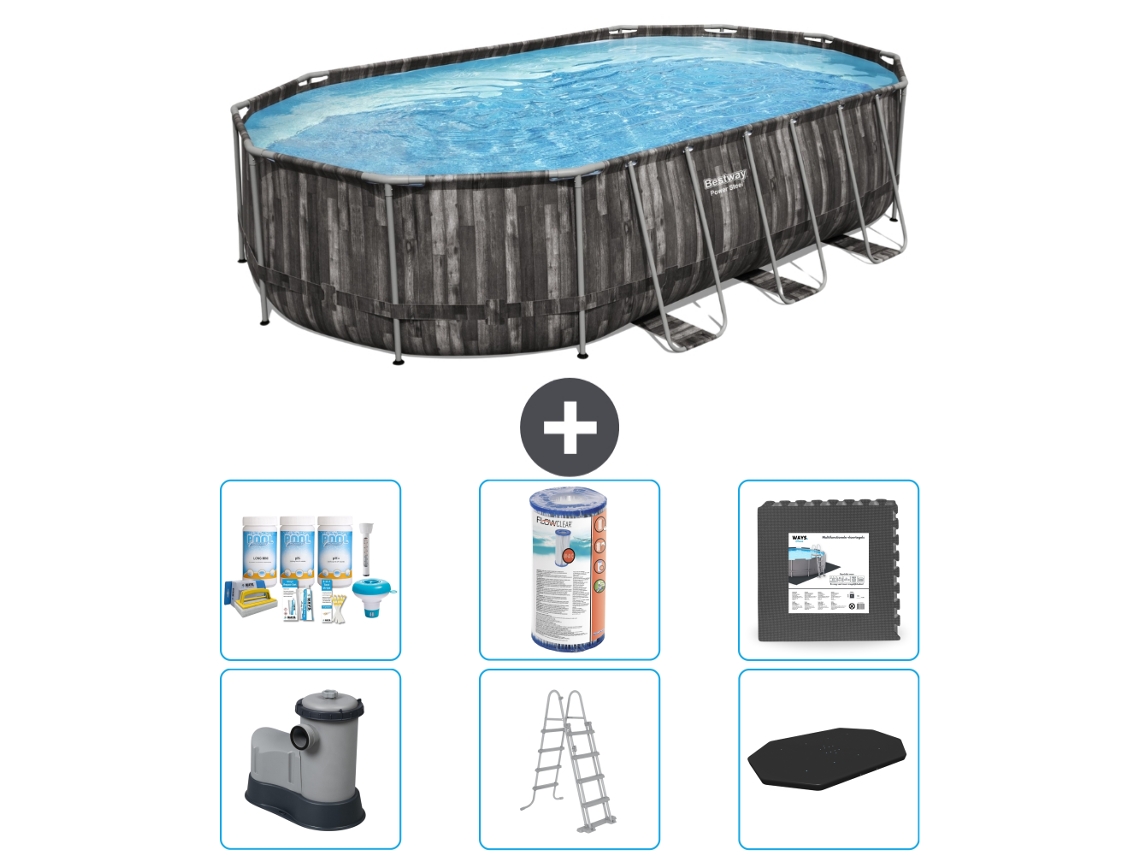 Piscina BESTWAY Oval Power Steel - 610 x 366 x 122 - Gris - Incluye bomba - Escalera - Cobertor Paquete de mantenimiento - Filtrar - Baldosas