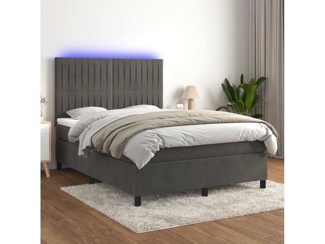 Cama Box Spring Colchón Y Led Terciopelo Gris Oscuro 140x190 Cm