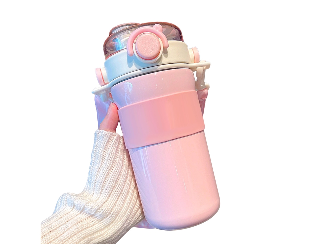 Botella térmica rosa a prueba de fugas con pajita portátil