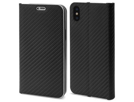 Funda tipo cartera MOOZY para iPhone X / iPhone XS en carbono negro - Protección de borde metálico con cierre magnético y soporte para tarjetas.