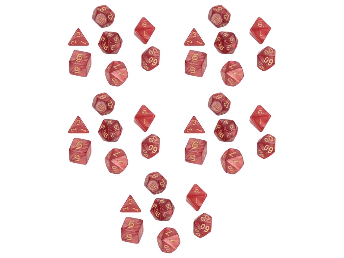 Juego De 5 Dados Poliédricos Perlados Con Números Dorados De Color Rojo Oscuro Para Juegos Interactivos Y Material Escolar.