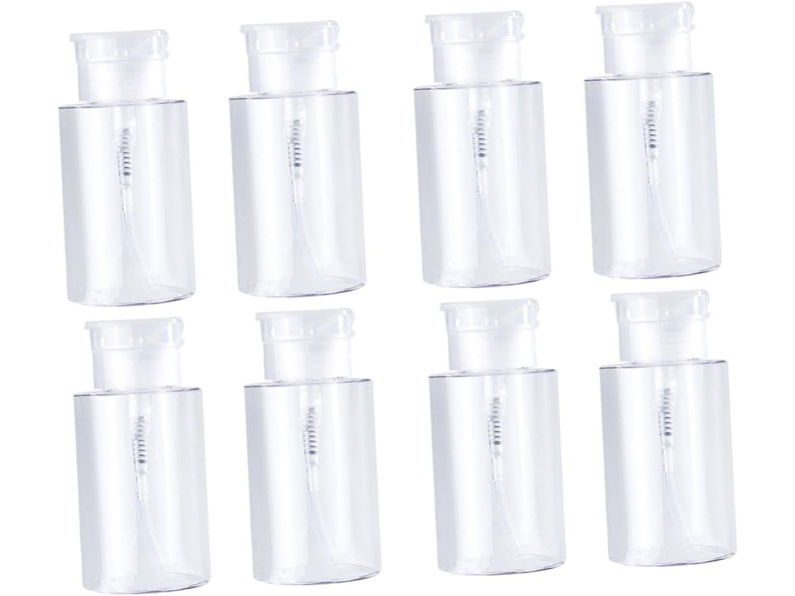 Conjunto De 8 Frascos Com Bomba Dosadora Vazios, Transparentes, Para Tônico E Removedor De Maquiagem.