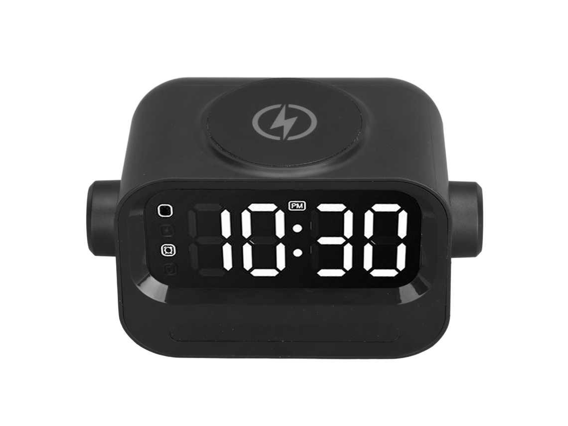Caixa De Som Bluetooth Com Carregador Sem Fio 15w Relógio Despertador Luzes Rgb Portas Usb E 3.5mm Preto