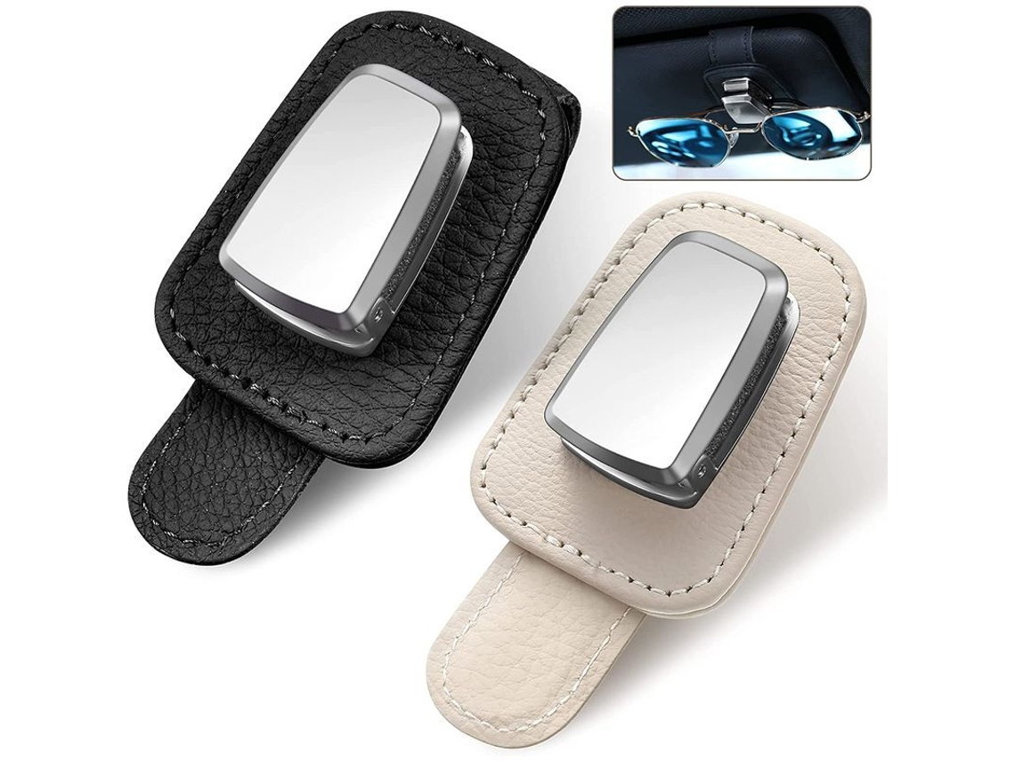Porta Gafas Para Visera Coche Universal De Aluminio Y Cuero, Clip Resistente Sin Obstruir Vista 2 Paquetes