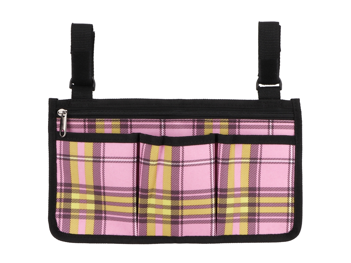 Bolsa Lateral Multibolsillos Para Silla De Ruedas, Organizador De Almacenamiento, Estampado A Cuadros Rojo Y Rosa.