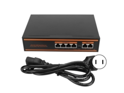 Switch PoE de 6 portas com design sem ventoinha e carcaça metálica para câmeras IP e telefones VoIP.