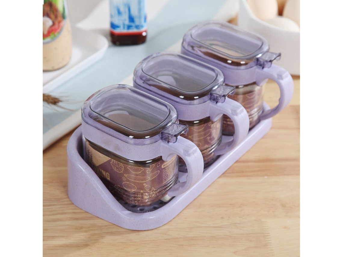 2026da-set De 3 Frascos De Especias De Vidrio Transparente Con Tapa, Cuchara Y Base Morada Para Cocina
