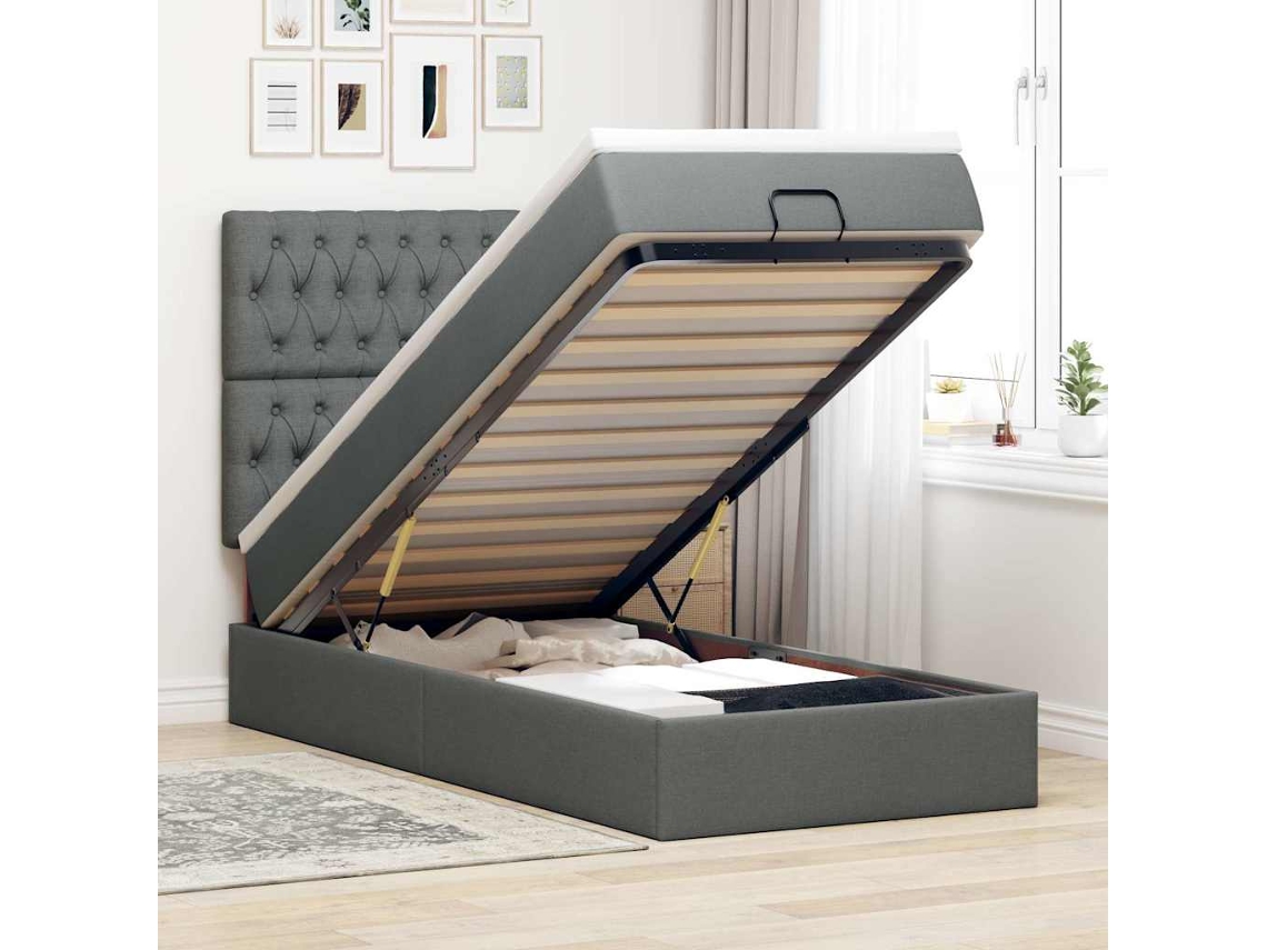 Estructura Cama Otomana Colchón Tela Gris Oscuro 80x200cm