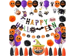 Kit De Decoración De Halloween Con 60 Piezas: Globos, Murciélagos 3d, Telaraña Y Pancarta De Feliz Halloween.