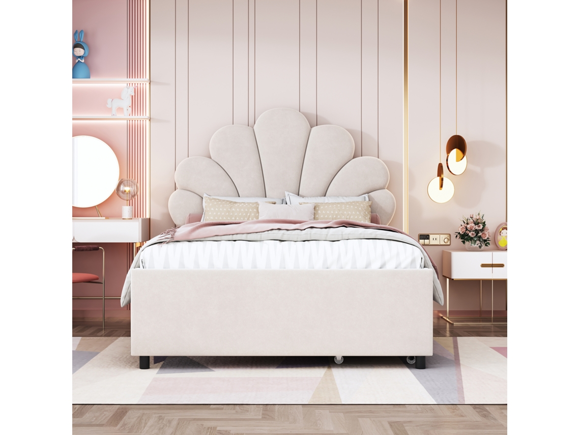 Cama Simple Tapizada en Terciopelo con 2 Cajones 90x200 cm Cabecero en Forma de Flor con Somier de Láminas Beige