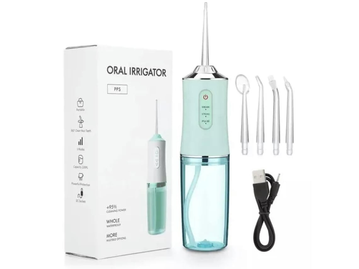DIGITALLAB Irrigador Bucal Limpieza Dental 3 Modos de Presión 4 Puntas de Chorro Verde Claro 220Ml