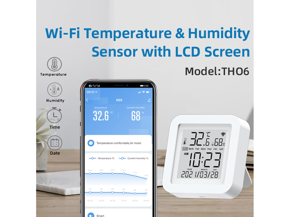 Rebe-sensor Inteligente Wifi Con Pantalla Lcd, Termómetro Y Humedad, Compatible Con Alexa, Usb, Interruptor ℉/℃, Fecha/hora Hogar