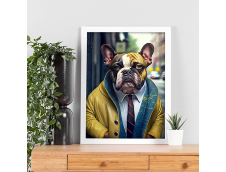 NACNIC Lámina Bulldog de Amarillo Compasivo En Estilo Fotografía a Todo Color Divertidas Ilustraciones Realistas de Animales Con Ropa Humana
