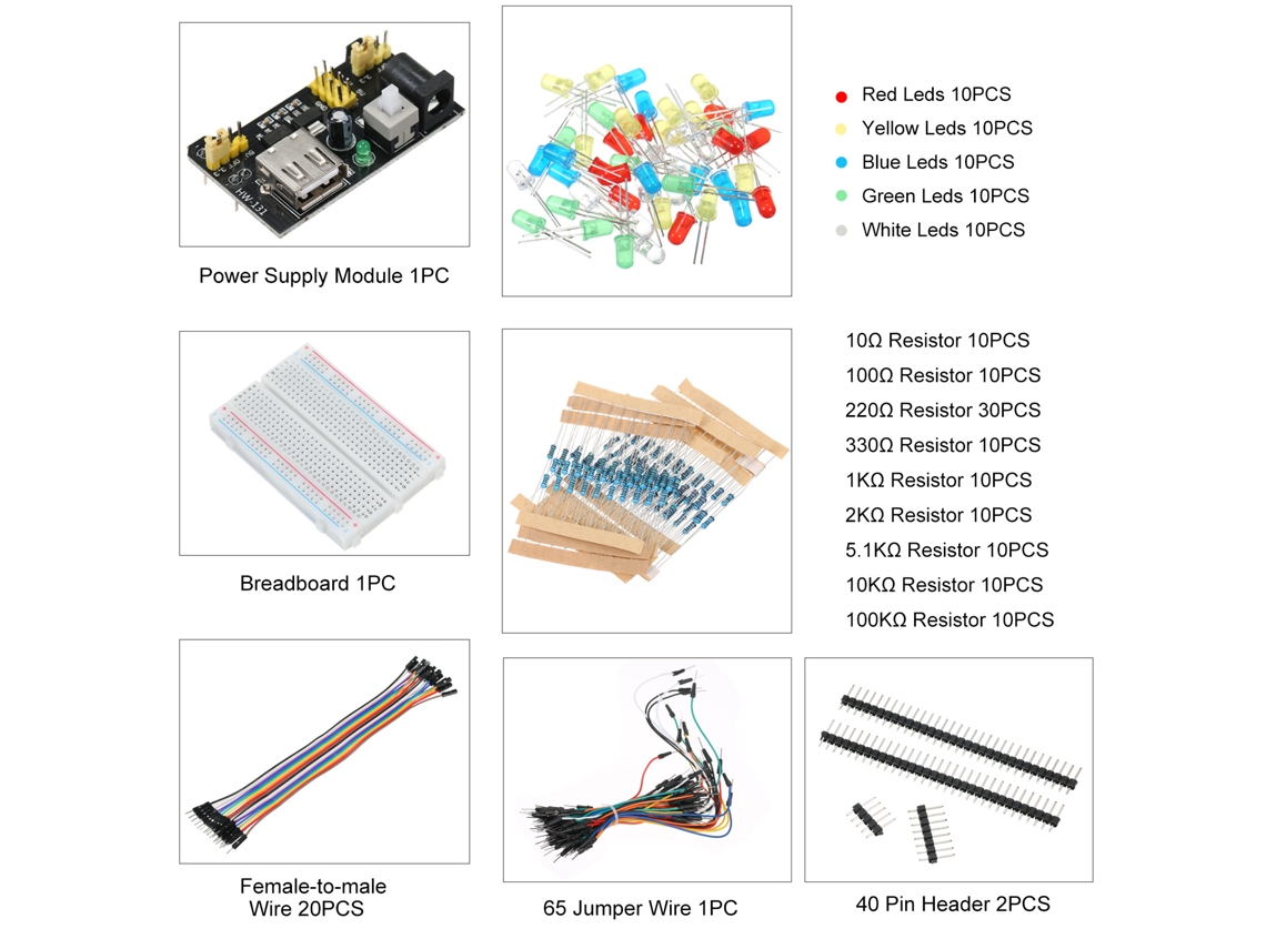 Kit electrónico 2026as-kit para Arduino y Raspberry Pi con placa de pruebas, resistencias, condensadores, LED y potenciómetro.
