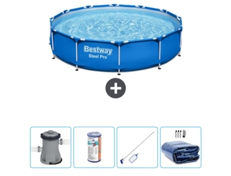 Piscina BESTWAY Round Steel Pro - 305 x 76 cm - Azul - Bomba incluida Filtrar - kit de limpieza - Vela solar