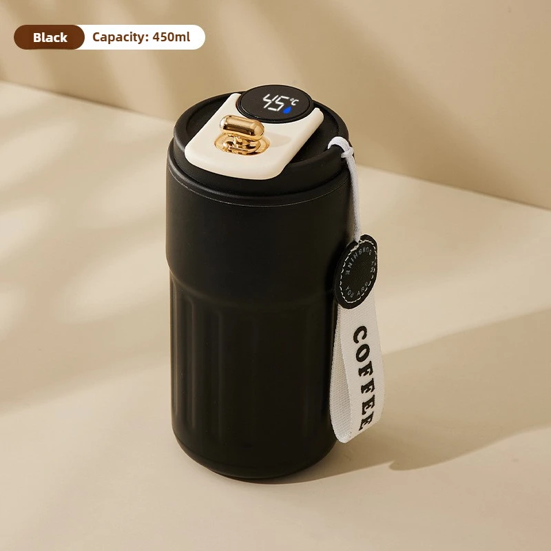 (Negro, 450 ml) Taza térmica de acero inoxidable 316, con aislamiento al vacío y pantalla inteligente de temperatura.