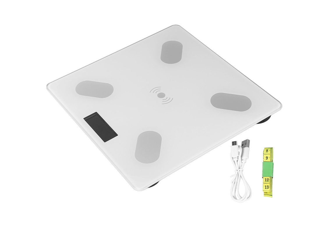 Báscula digital de peso y grasa corporal de vidrio templado, recargable por USB, luz blanca y dorada