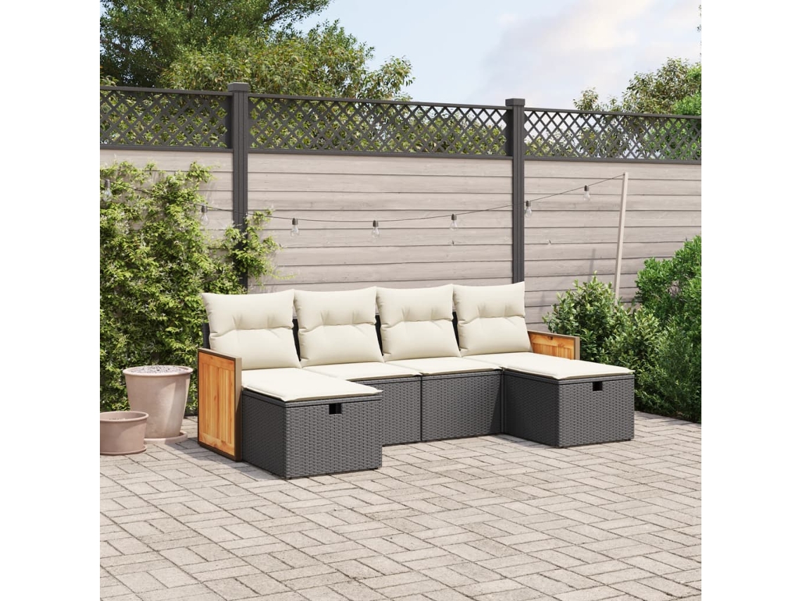 Conjunto de sofá de jardín de 6 piezas con cojines, mimbre sintético negro, DKD Home Decor