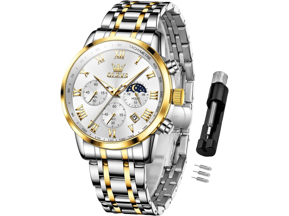 Reloj cronógrafo de cuarzo para hombre, con fase lunar, luminoso, resistente al agua (blanco)