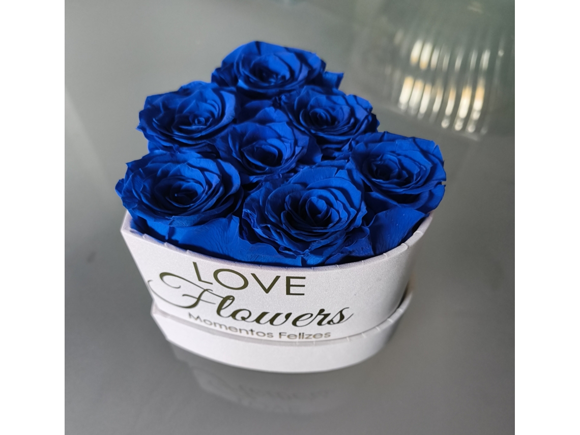 7 Rosas Azul Naturales Preservadas LOVE Flowers en Caja Corazón Blanca - Heart Rose Collection