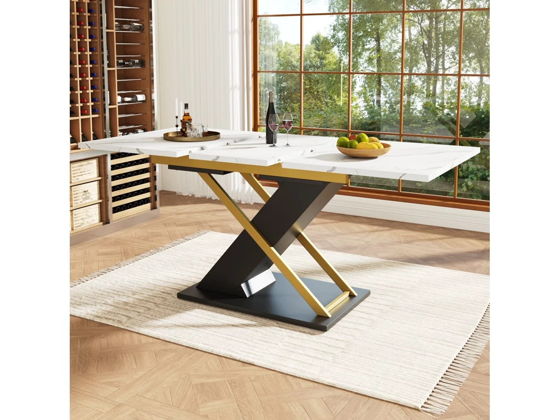 Mesa de comedor extensible para cocina/salón con patas cruzadas doradas (120 x 160 x 80 cm)