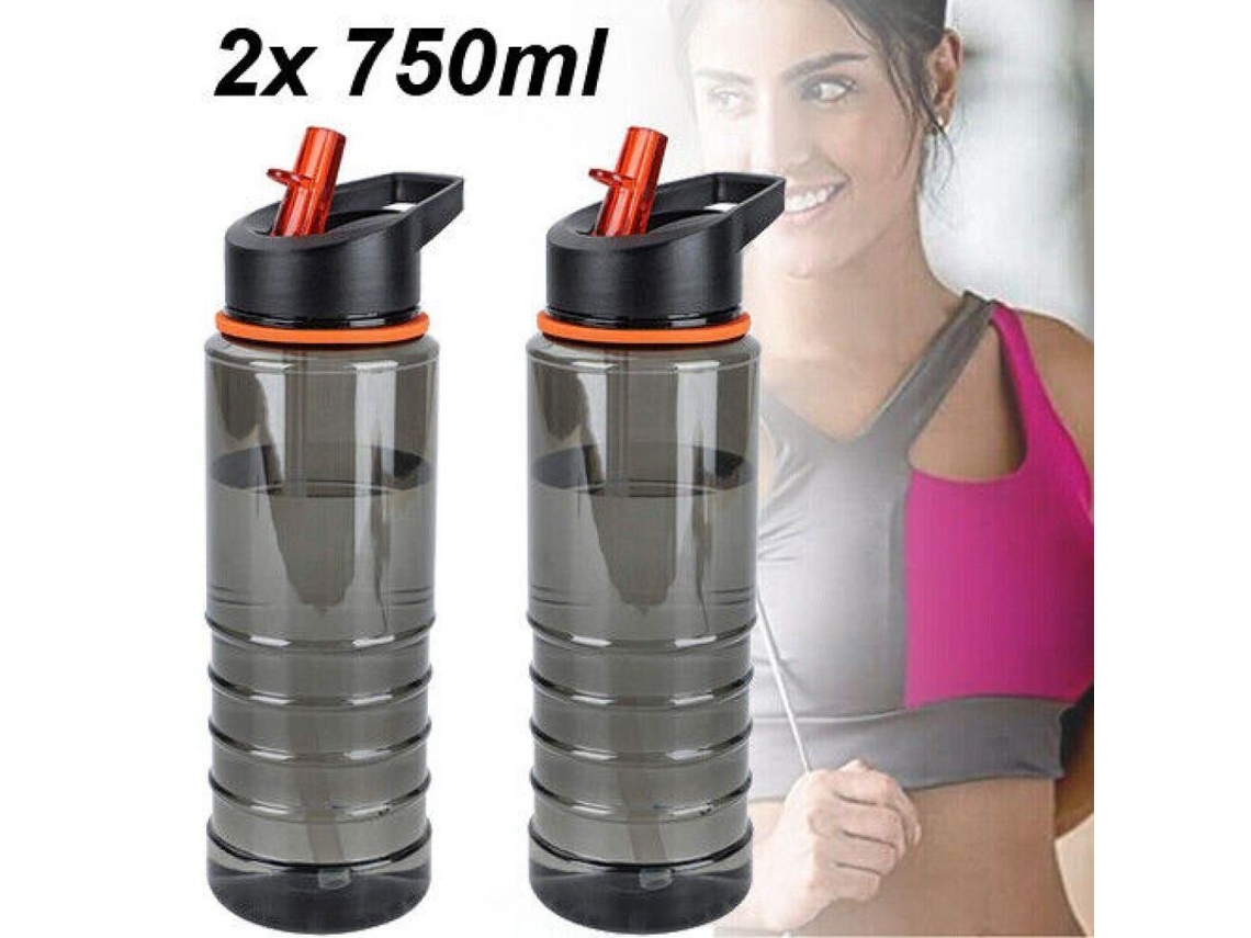 Botella de agua Rebe-sports de 750 ml a prueba de fugas con pajita reutilizable para gimnasio y viajes - Gris, negro, naranja - 2 unidades