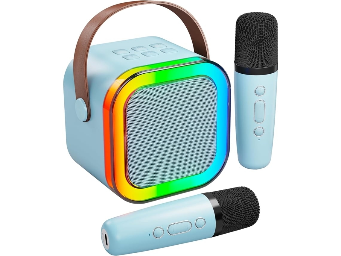 Mini micrófono y altavoz Bluetooth portátil para cantar con 2 micrófonos para todos los teléfonos inteligentes Rosa Azul Gusshious