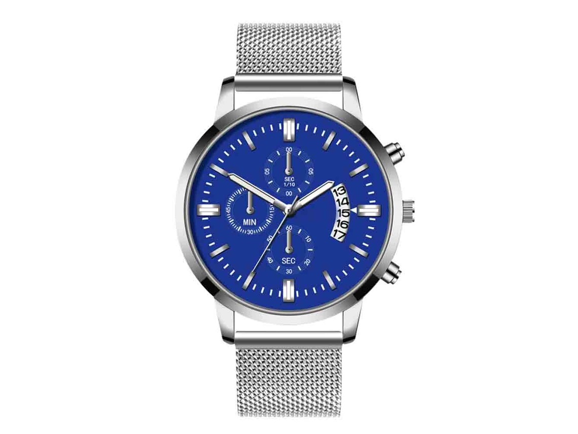 Reloj De Hombre De Cuarzo Con Calendario Dial Redondo Correa De Acero Plata Azul
