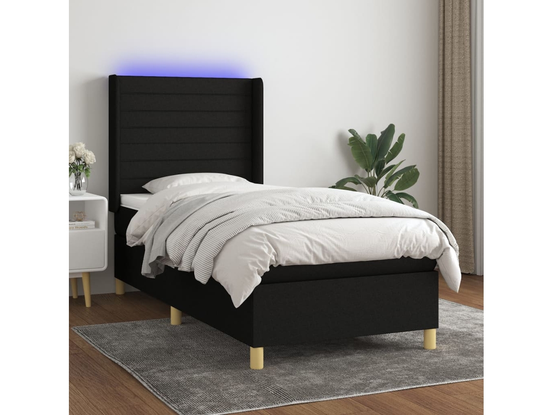 Cama Box Spring Colchón Y Luces Led Tela Negro 90x200 Cm