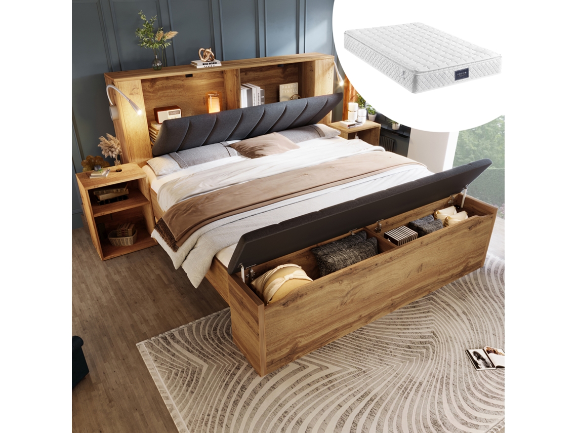 Cama Doble, Roble, 160x200, Con Espacio De Almacenamiento, Cabecero Plegable, Usb.