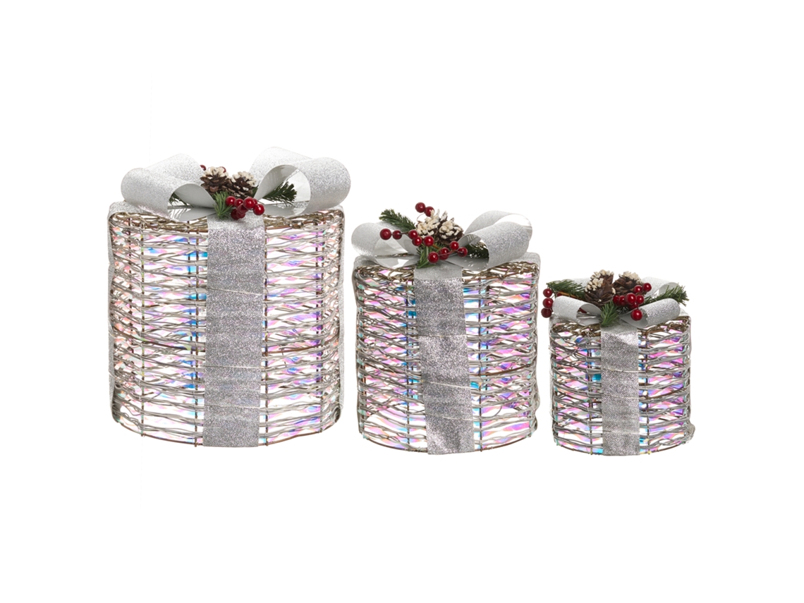Set de 3 regalos navideños decorativos con luces LED BELIANI Julso de material sintético plata 25x25x30