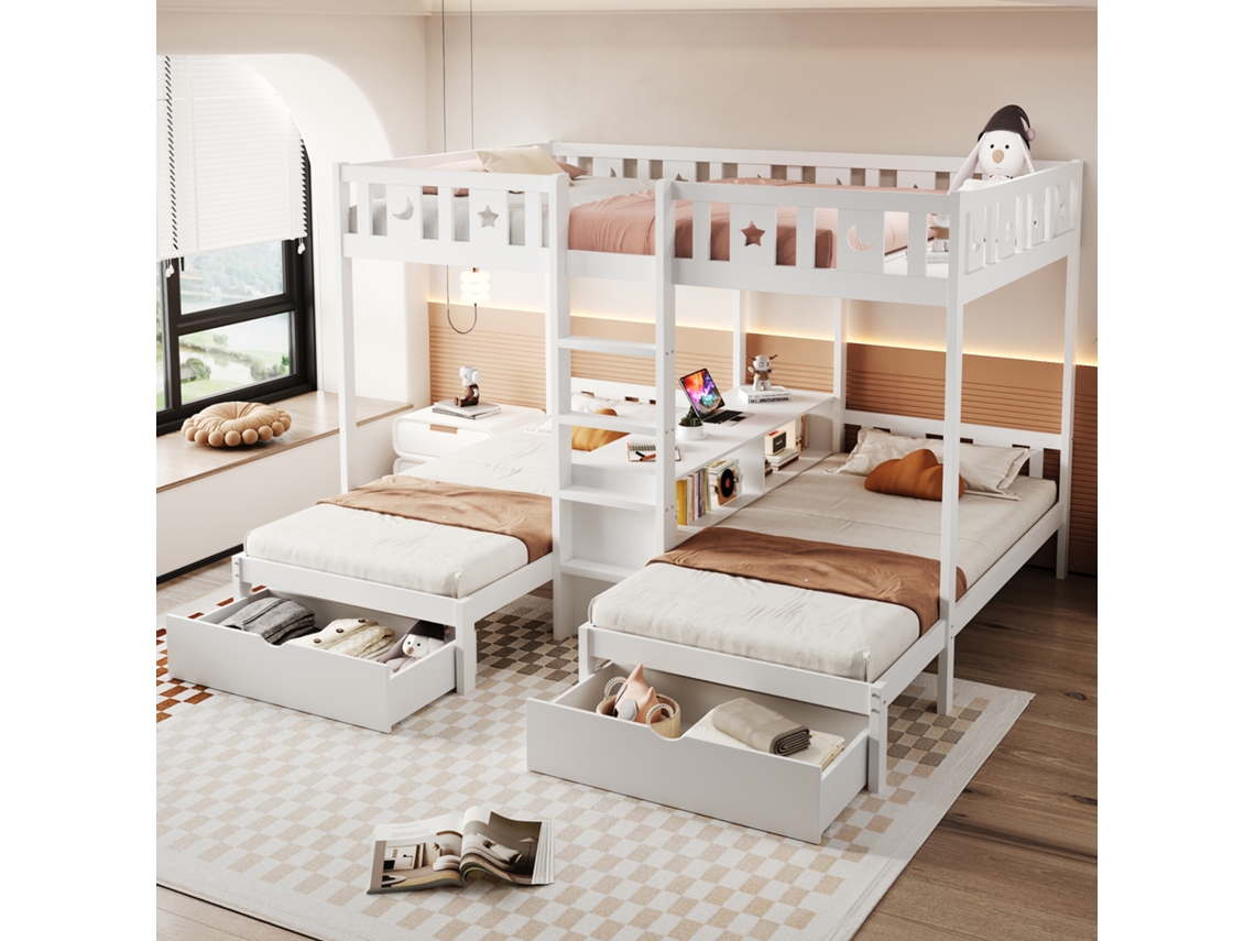 Cama Tipo Altillo De 140x200 Cm + Cama Baja De 90x200 Cm Con Escalera, Cajones Y Barandilla, Diseño De Estrella Y Luna.