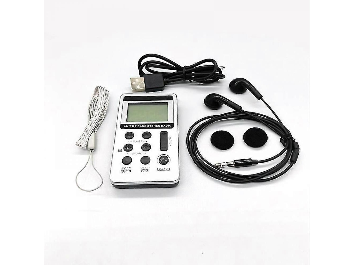 Mini radio portátil de bolsillo AM/FM con pantalla LCD, recargable por USB y auriculares.