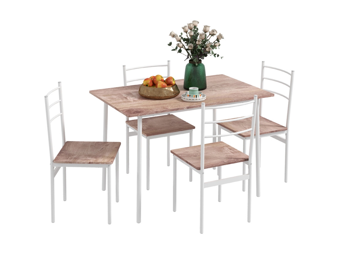 Juego De Comedor De 5 Piezas, Mesa Con 4 Sillas, Patas De Acero, Cocina, Madera Natural, Blanco, 110x70x75