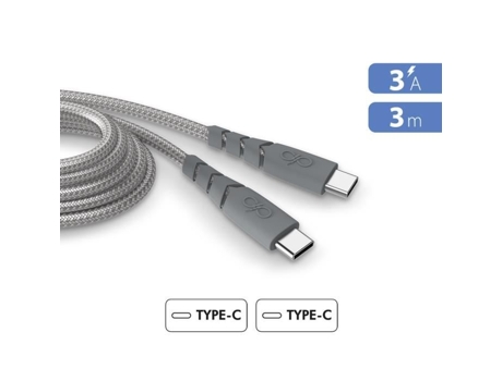 Cable Usb C/Usb C Ultra Reforzado 3M 3A Garantía de por Vida Plástico Gris 100% Reciclado FORCE POWER