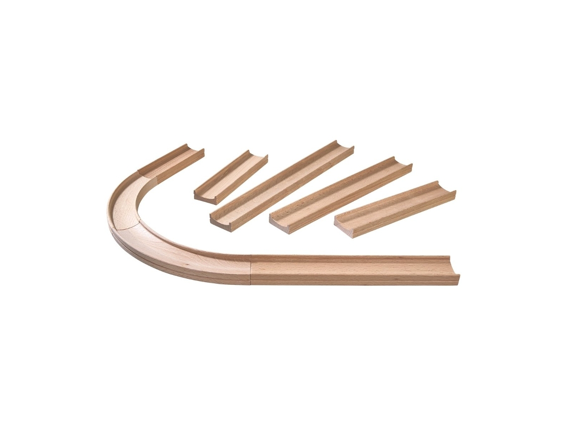Juego de expansión de pista de canicas Haba Kullerbü con piezas de madera rectas y curvas.