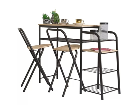Conjunto de de Mesa Alta de Bar con 2 Taburetes Altos Plegables Metal y Madera TIENDA EURASIA
