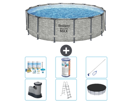 Piscina BESTWAY Round Steel Pro MAX - Estampado Piedra - 488 x 122 cm - Incluida Bomba - Escalera - Cobertor Accesorios CB32