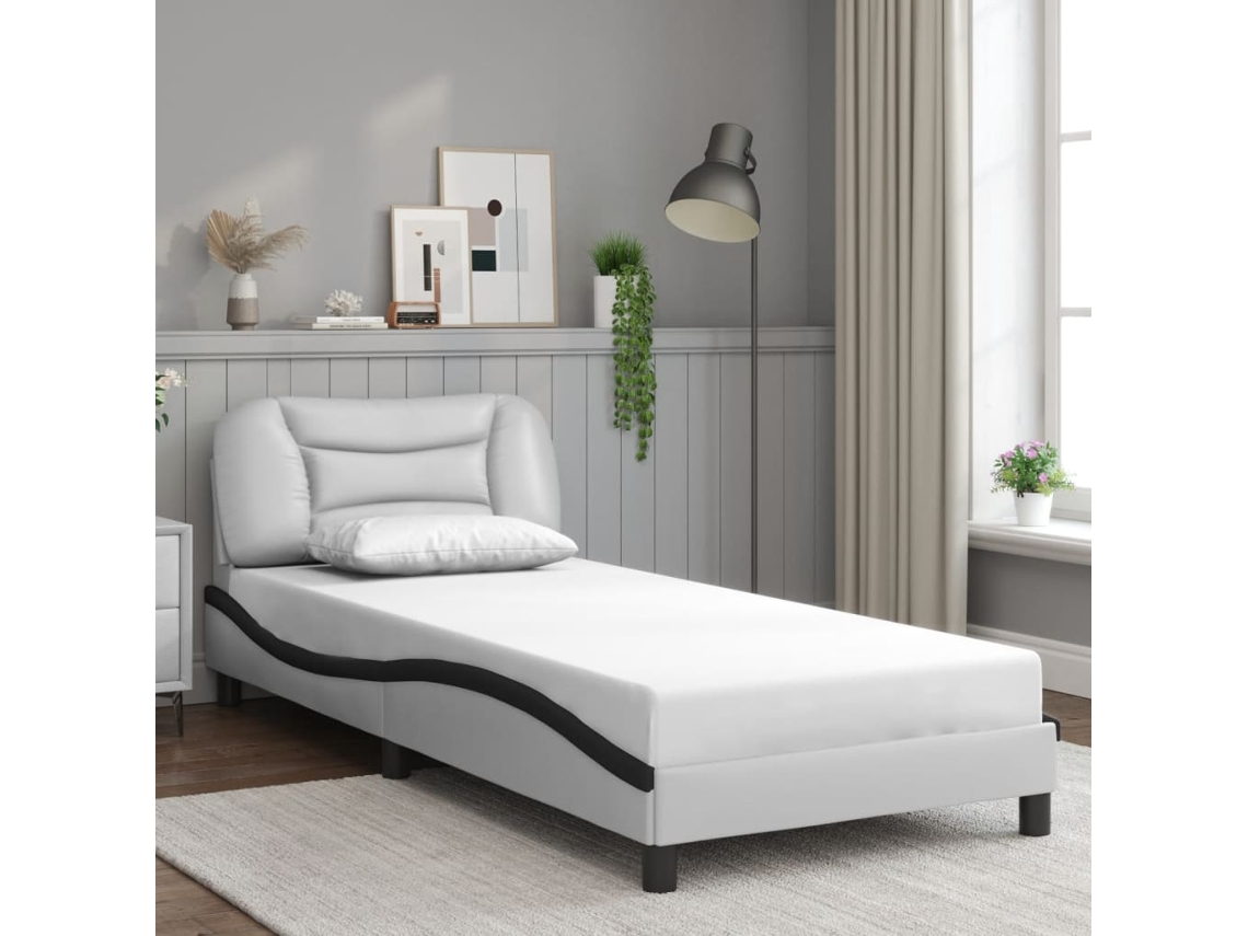 Estructura Cama Cabecero Cuero Sintético Blanco Negro 90x200 Cm