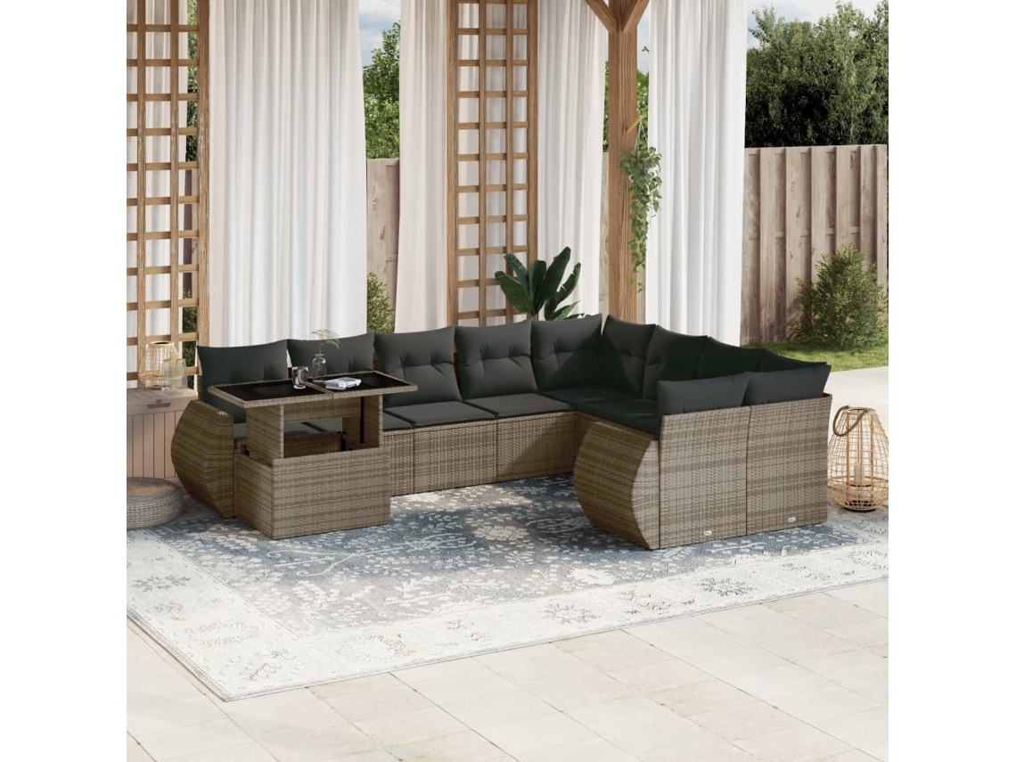 Conjunto de sofá de jardín de 10 piezas con cojines, ratán gris, DKD Home Decor