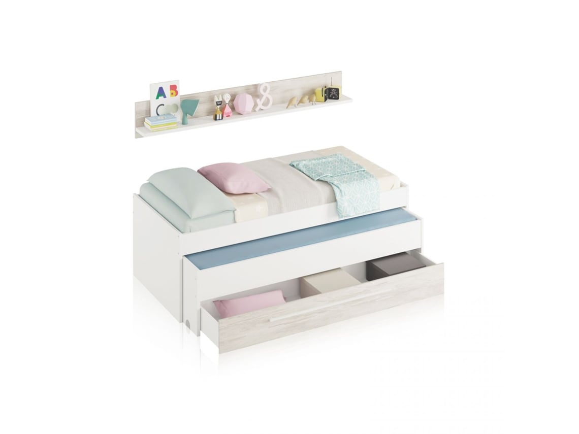 Cama doble juvenil con estante Elliot Blanco Artik (Blanco Mate) – Blanco Velho 199(cama)/180(estante) x 65(cama)/22,5(estante) x 96 (cama) / 19 (estante) cm