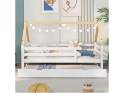 Cama Alta Infantil Blanca De 90x200 Cm, Con Dosel, Corredera Y Con Espacio De Almacenamiento.