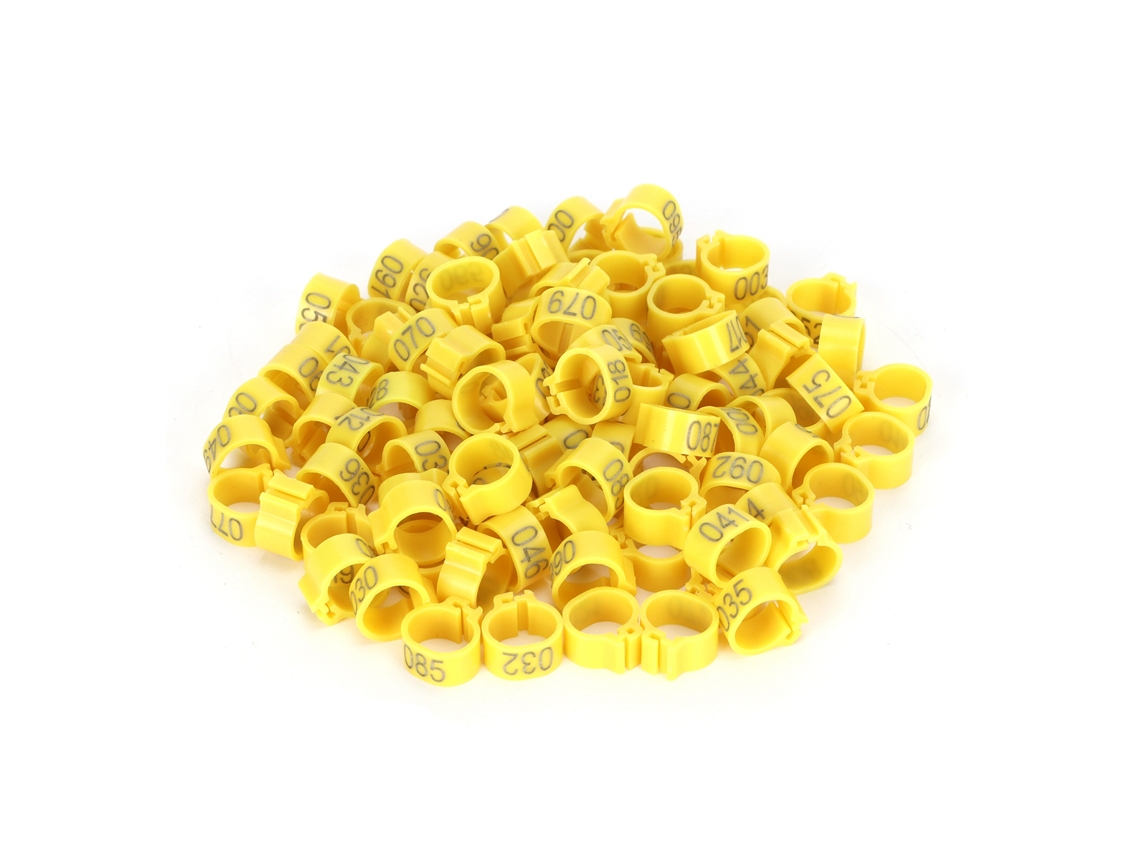 100 Anillas Numeradas Para Patas De Palomas De 10 Mm (001-100) Para Identificación, De Plástico Amarillo.