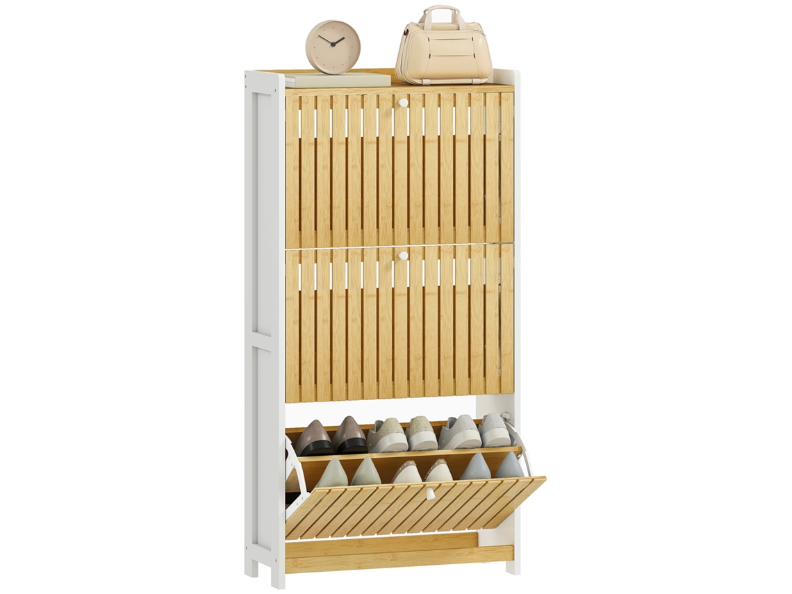 Sapateira Estreita 3 Portas Bambu Prateleiras Ajustáveis 18 Pares 60x24x118cm Branco Madeira